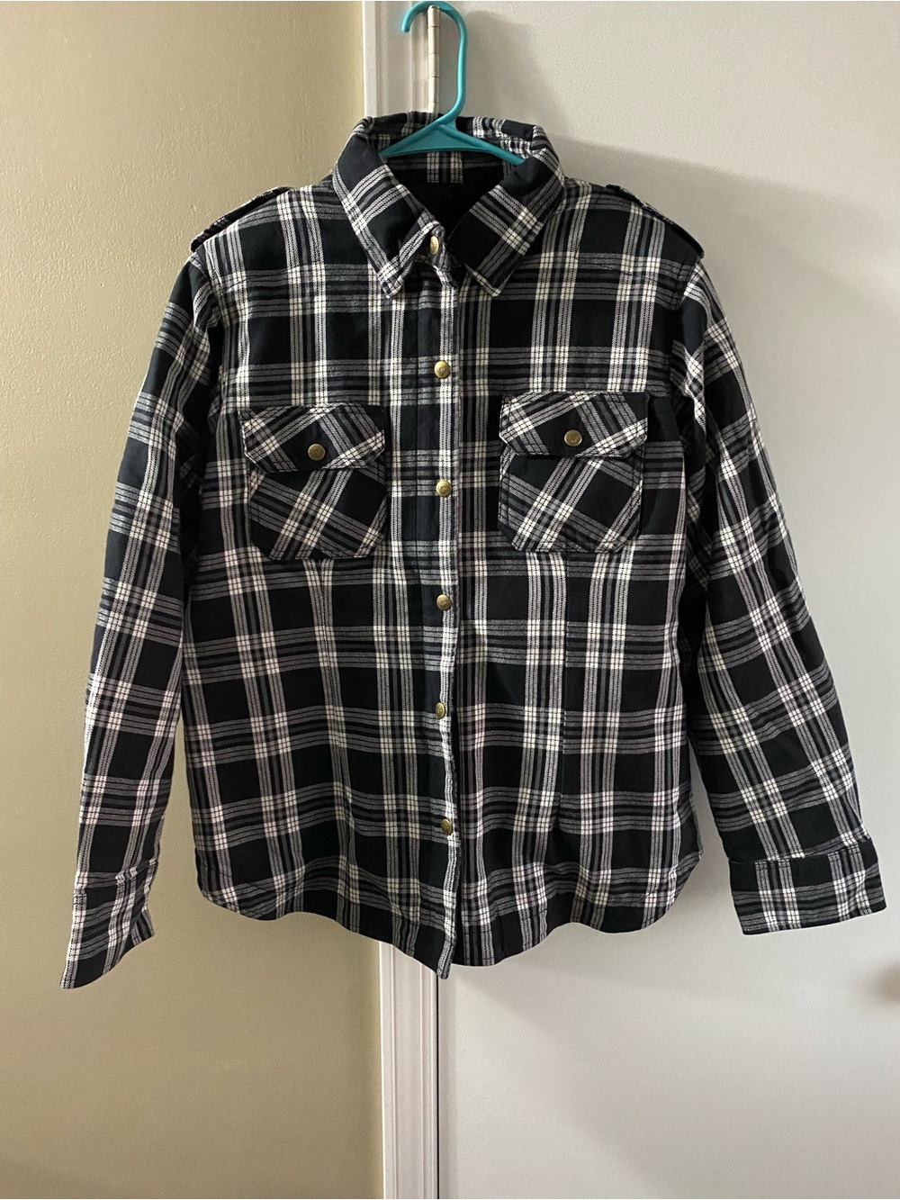 Men's Black & White Plaid motorcycle riding shirt with body armor. Never worn.